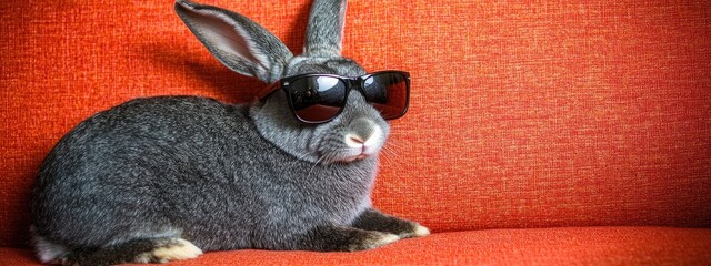 A gray rabbit wearing sunglasses sits on an orange couch