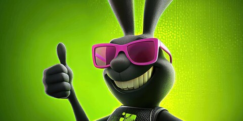A black rabbit with pink sunglasses gives a thumbs up against a green background