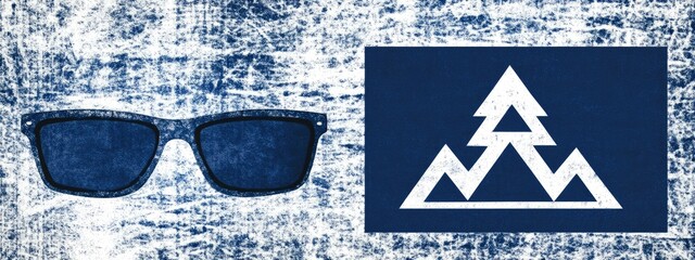 Sunglasses and a white mountain design on a blue background