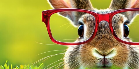 A close-up of a brown rabbit wearing red glasses, staring directly at the camera