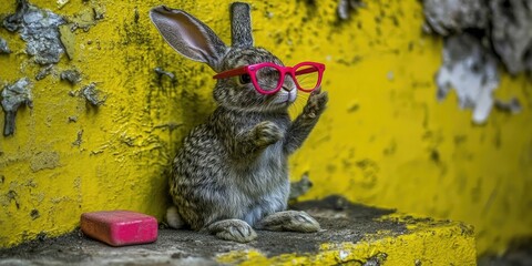 A small, gray rabbit wearing pink glasses sits on a yellow concrete ledge