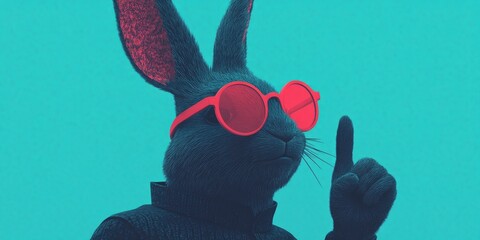 A black rabbit wearing red sunglasses with one finger raised points to the right on a teal background