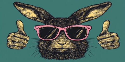 A rabbit with sunglasses gives two thumbs up