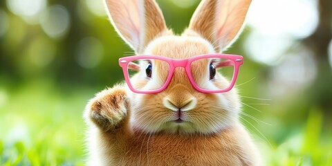 A cute bunny with pink glasses looks directly at the camera