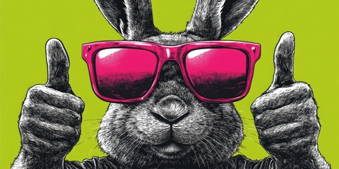 A rabbit with pink sunglasses gives a double thumbs up against a green background