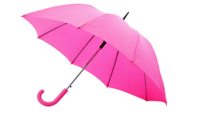 A vibrant hot pink umbrella, closed, with a curved handle, isolated on a black background