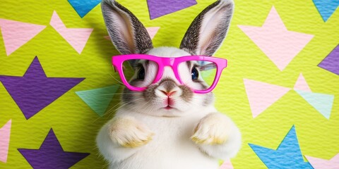 A white rabbit with gray ears wears pink glasses and sits on a background of colorful geometric shapes