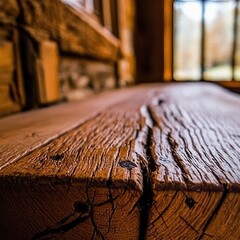 Close-up of a rustic wooden surface with visible grain and knots