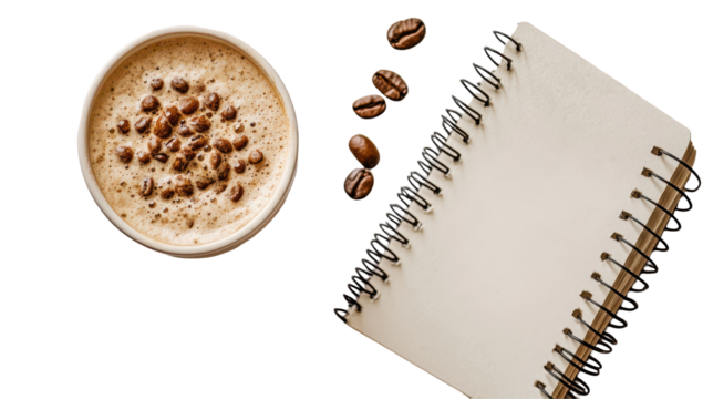 A frothy coffee beverage in a cup sits beside a blank spiral notebook and scattered coffee beans on a dark background