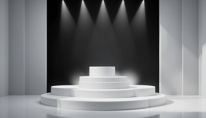 Minimalist Product Display Podium Set Clean 3D stage with geometric podiums, soft shadows, and lighting ideal for product mockups.