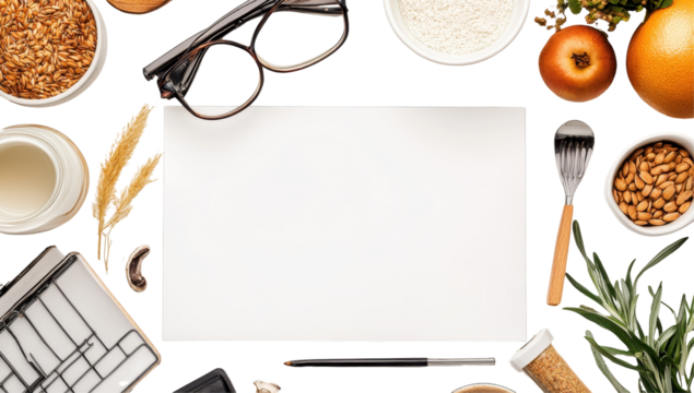 Flatlay of blank paper surrounded by grains, fruits, stationery, and kitchen utensils on a black background