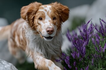 Playful Brown and White Dog in Lavender Field