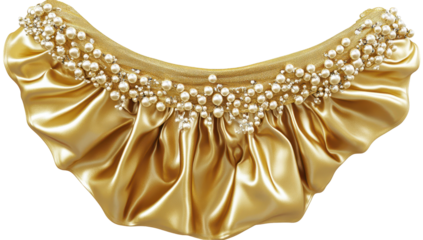 Golden satin collar adorned with cascading pearls and crystals, exhibiting luxurious ruffles and opulent detailing