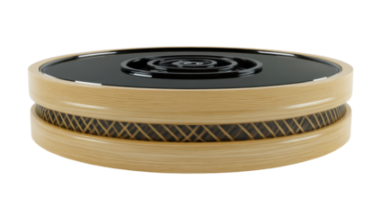 Circular wooden puzzle box with a recessed black top featuring an intricate maze design