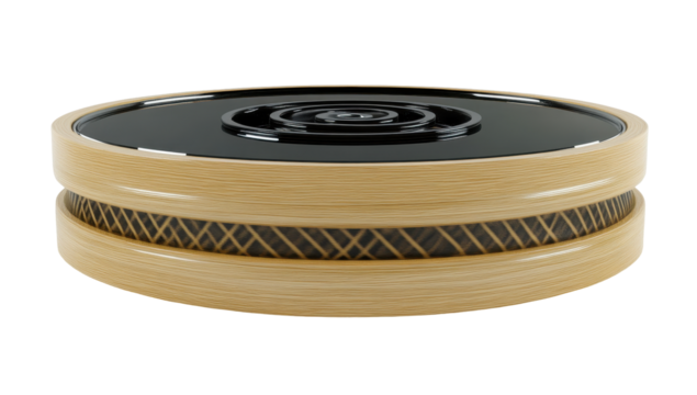 Circular wooden puzzle box with a recessed black top featuring an intricate maze design
