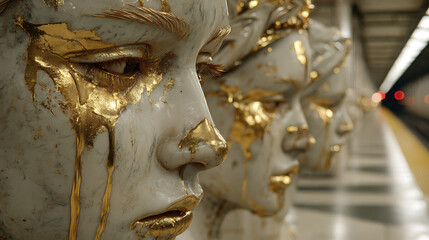 Gold Leaf Sculptures in Subway Station White Marble Faces with Golden Tears