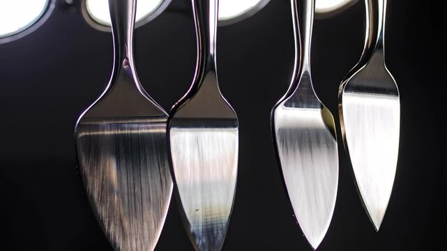 Close-up of shiny, stainless steel cake servers or spatulas suspended with glossy reflection, minimalist composition against a dark background with overhead lights.