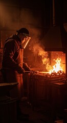 Man blacksmith working in workshop. Professional craftsman forges metal in fire. Traditional handicraft work with artisan tool.