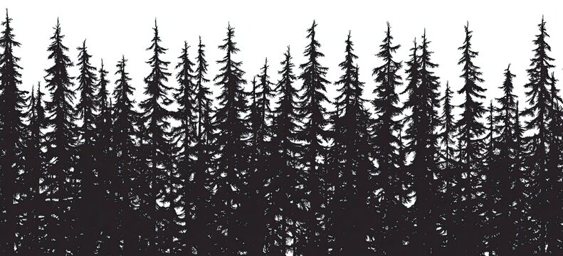 A dense forest of tall, slender evergreens, their dark silhouettes standing in stark contrast against a white background - Powered by Adobe