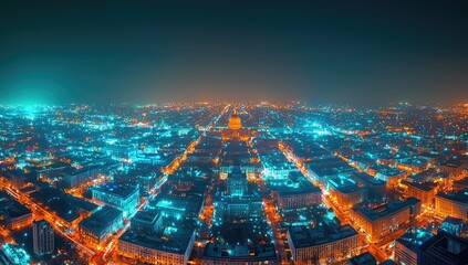 Obraz premium Aerial view of a city at night, illuminated by vibrant lights.
