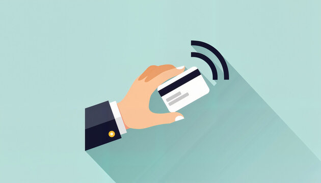 Hand holding contactless payment card on pastel background
