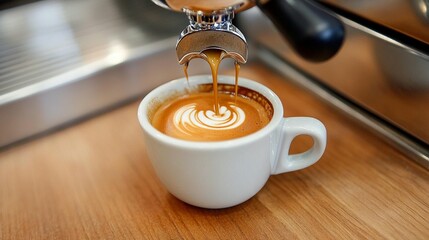 Espresso pouring into latte art cup coffee drink closeup