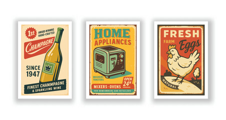 Vintage Food and Drink Poster Set – Champagne, Chicken Farm, and Kitchen Appliances Retro Designs