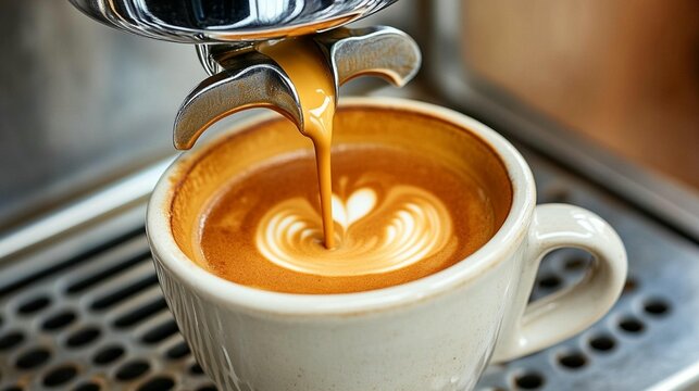 Espresso pouring into latte art coffee cup close up