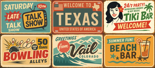 Retro Signboard Poster Set – Vintage Vector Designs for TV Show, Texas, Tiki Bar, Winter Holiday, Bowling, and Beach Cafe
