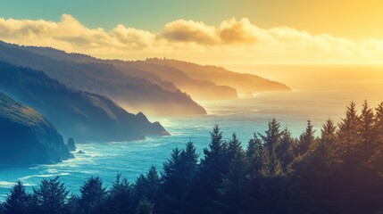 Coastal mountain range at sunset with a vibrant ocean. Lush greenery with pine trees fills the foreground while dramatic cliffs meet the sea. Golden hour light bathes the scene in warmth