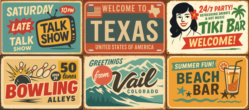 Retro Signboard Poster Set – Vintage Vector Designs for TV Show, Texas, Tiki Bar, Winter Holiday, Bowling, and Beach Cafe