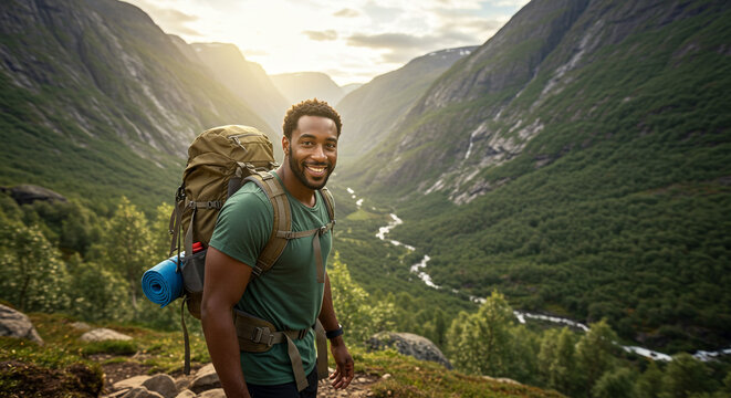 Man smiling with backpack in mountain valley with sun shining through the peaks in the background