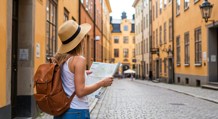 A tourist with a backpack and a hat looking at a map in a narrow street with yellow buildings