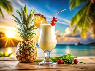 Tropical Pina Colada Cocktail in Tiki Glass - Summer Drink Recipe