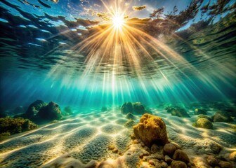Underwater Sunlight Long Exposure Photography, Sunbeams Ocean, Aquatic Scene, Sun Rays Water, Deep Sea Light Beams