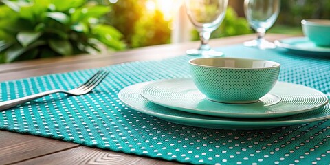 Turquoise Dotted Placemat, High Depth of Field, Table Setting, Home Decor, Kitchen Decor, Bohemian Decor, Placemat Photography, Closeup Placemat