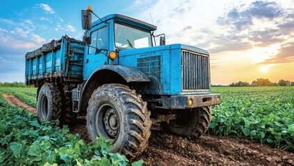 Blue farm tractor in a field at sunset.