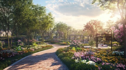 Obraz premium Serene landscape showcasing a vibrant garden with a brick pathway under gentle sunlight
