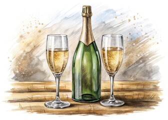 Urban Exploration Champagne Line Art: Isolated Bottle & Glasses Illustration