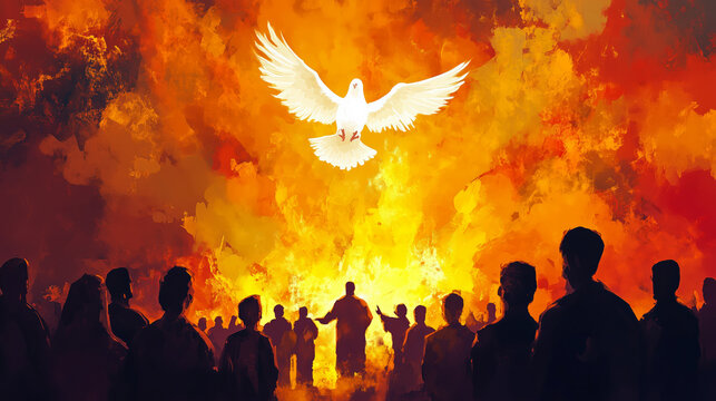 A painting of a man and a group of people with a white dove flying above them