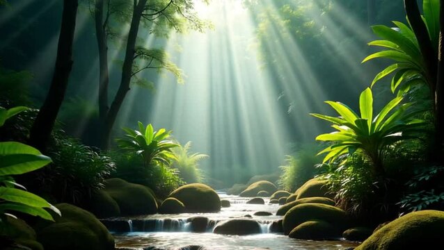 Sunlight shining through trees nature stream peaceful forest scenery tranquil nature background wallpaper hd image 