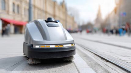 Smart autonomous cleaning robot works on civil urban road showing advanced engineering in public maintenance and technology