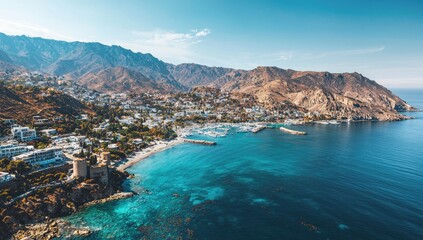 Obraz premium High-altitude view of a coastal town nestled between mountains and a turquoise sea.