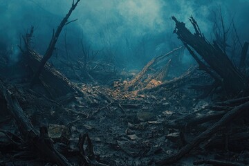 A desolate landscape of fallen trees and debris.