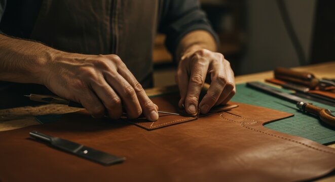 Man working with craft tools. Close up of leather craftsman hands creating handmade leather products. Artisan workshop concept. - Powered by Adobe