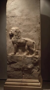 Ancient Assyrian Lion Relief Carved in Pale Stone, showing details of the royal lion hunt from the North Palace of Nineveh now on display.
