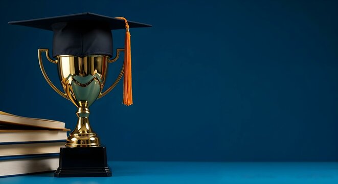 Golden graduation trophy resting on books with a blue background, illustrating achievement and the journey of education
