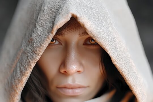 Mysterious Woman in Hooded Cloak  Intriguing Gaze  Spiritual  Ancient  Close Up Portrait