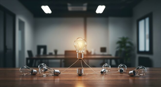 A collection of light bulbs on a table, representing creativity and success in a professional office environment