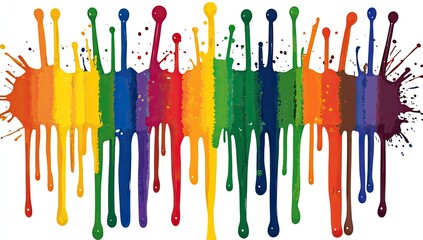A row of colorful paint splatters dripping downwards in a rainbow pattern